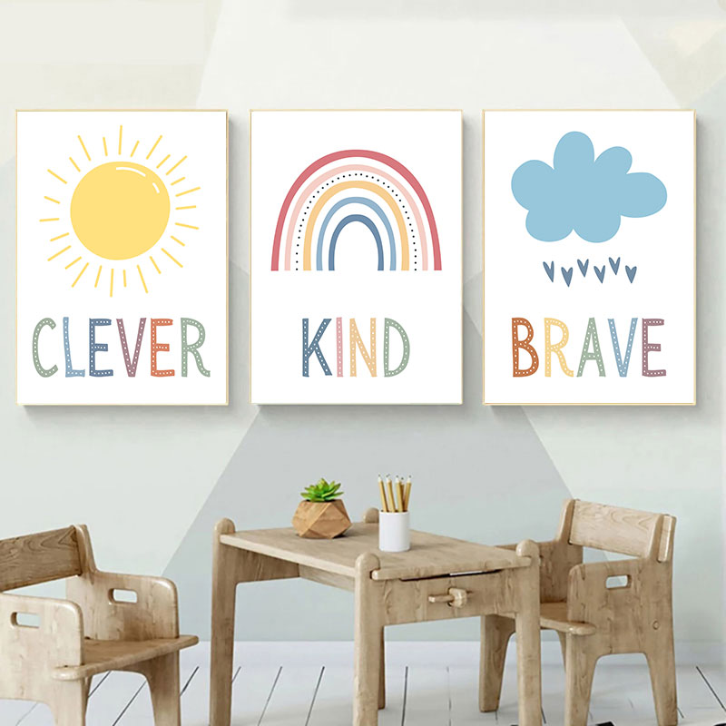 Kids Education Quote - かわいい太陽虹雲キャンバスアートプリントシンプルな教育引用壁ポスターキッズルーム保育園モダンな家の装飾画像