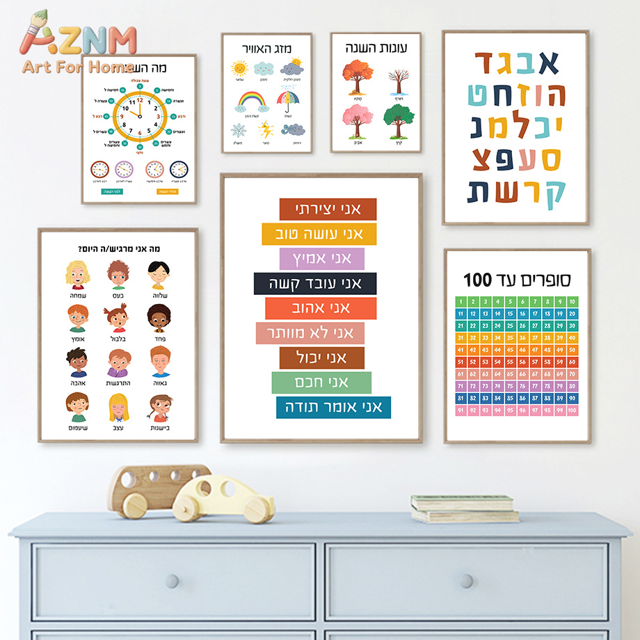 Kids Education Quote - AZNM ヘブライ語教育用キャンバスウォールアート アルファベット 数字 時間 天気