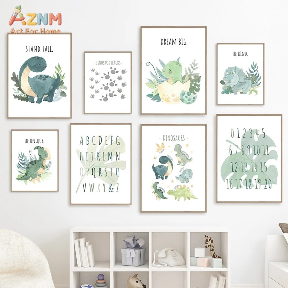AZNM 水彩恐竜アルファベット数字キャンバスウォールアート - Kids Education Quote のレビューと価格